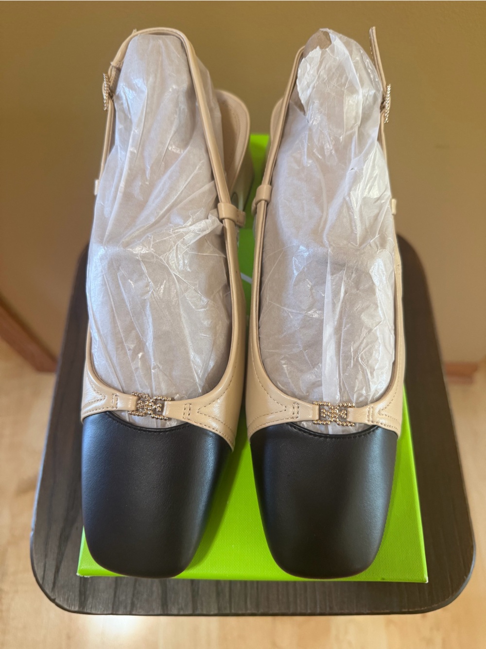Sam Edelman Two-Tone Square Toe Slingback Flats in Black and Beige